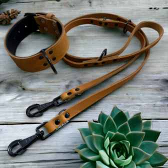 Leather collar 1.96in wide cognac brown - black edition
