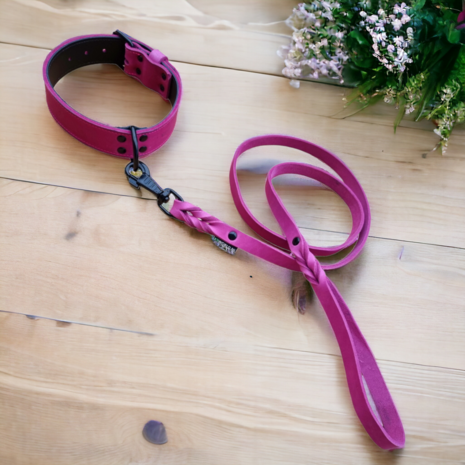 Leder halsband 4cm breed roze - Black edition 
